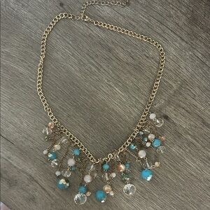 Chunky Gold Chain Necklace with Turquoise and Clear Bead Charms